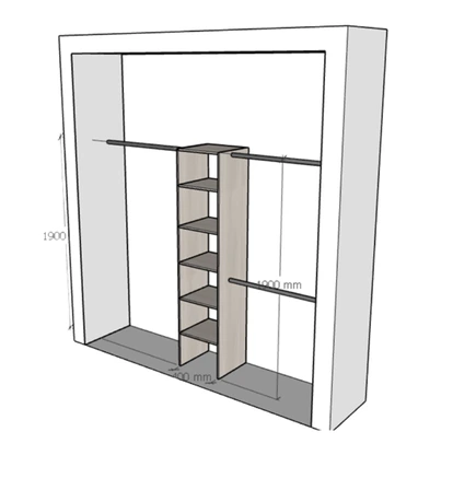 CLOSET SIN PUERTA$4,700.00 + IVAMedidas: Hasta 240cm largo X 40 cm Profundidad X 190 CM alto. 
TORRE: 43 cm ancho X 40 cm Prof X 190 cm alto

CARACTERISTICAS: Torre con 5 entrepaños, 3 Tubos para colgado.

MATERIALES: Melamina Arauco 15-16 mm MDP HR O MDF Segun disponibilidad del material, diseño a elegir.

HERRAJES: Tubo ovalado cromado (3)

Sòlo en melamina blanco BLANCO ABSOLUTO: $3,775 + IVA